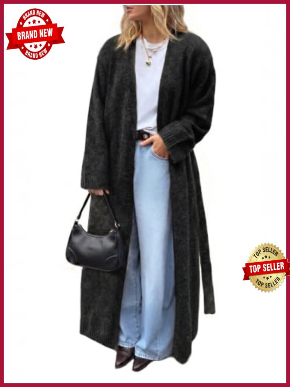 Women's Long Belted Open Front Knit Cardigan Sweater Oversized Cozy